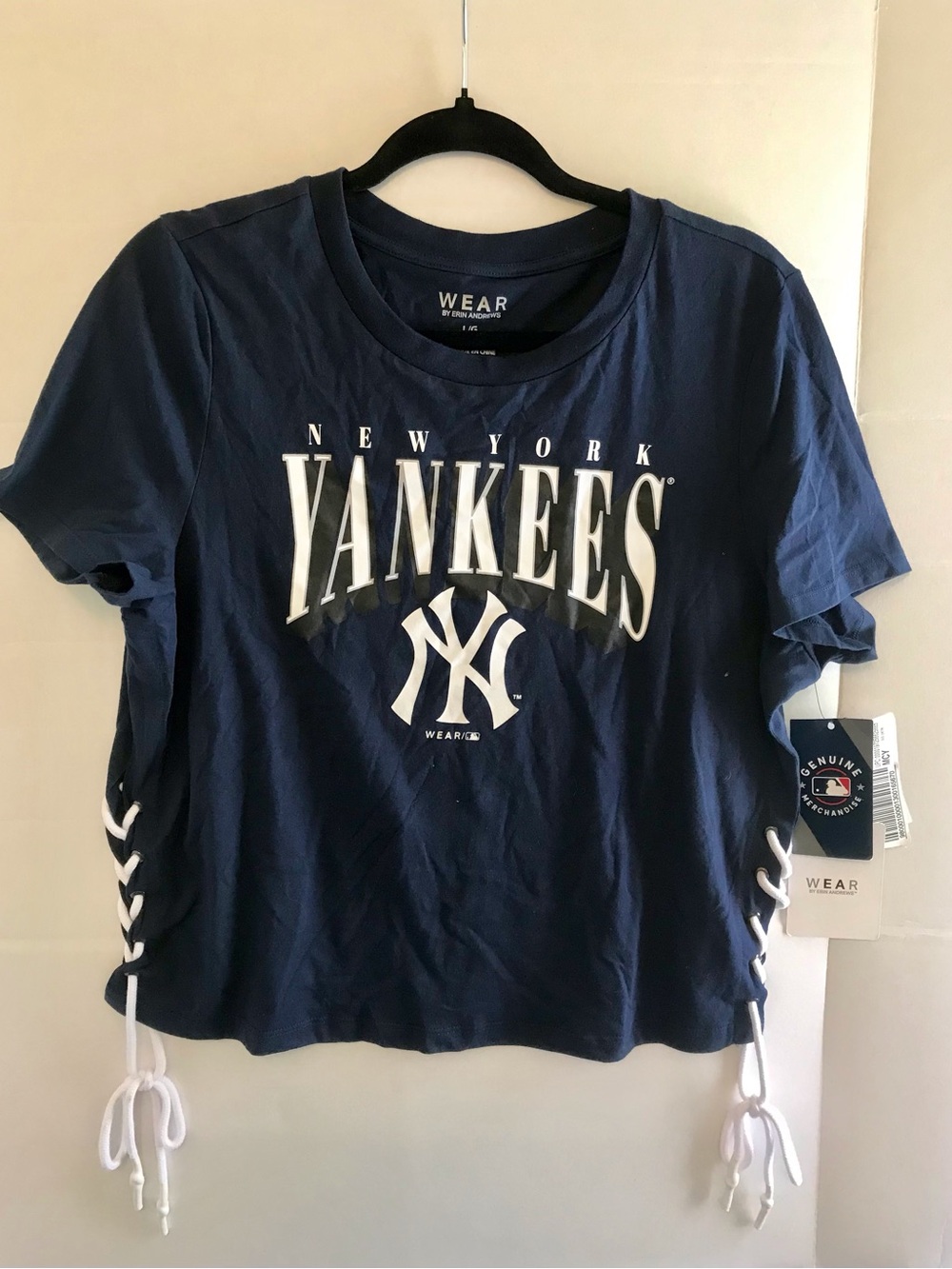 Women's New York Yankees WEAR by Erin Andrews Navy Side Lace-Up Cropped T-Shirt